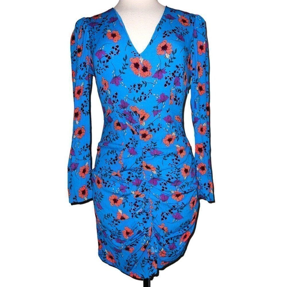 B1 ASTR the Label Floral Long Sleeve V-Neck Front Ruffle Blue Dress Size M
